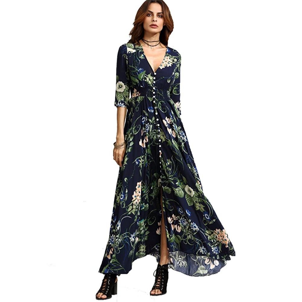 Milumia Button Up Floral Print Maxi dress Navy XL